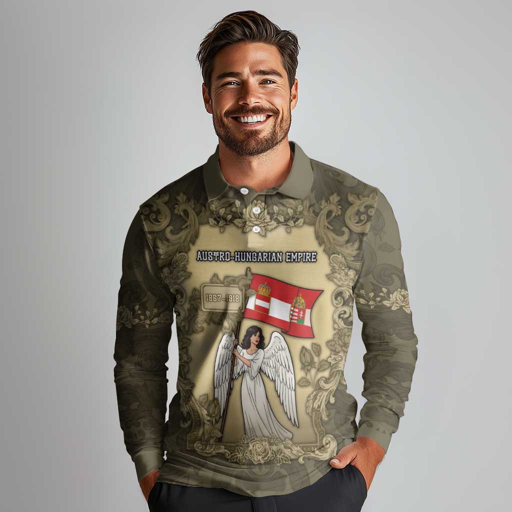 Personalized Austria-Hungary Long Sleeve Polo Shirt Angel Holding A Flag Vintage Style - Wonder Print Shop