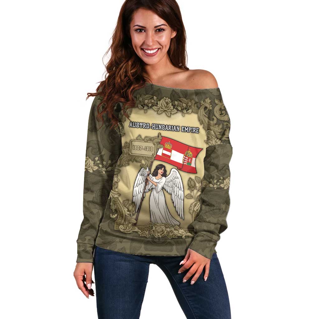 Personalized Austria-Hungary Off Shoulder Sweater Angel Holding A Flag Vintage Style - Wonder Print Shop