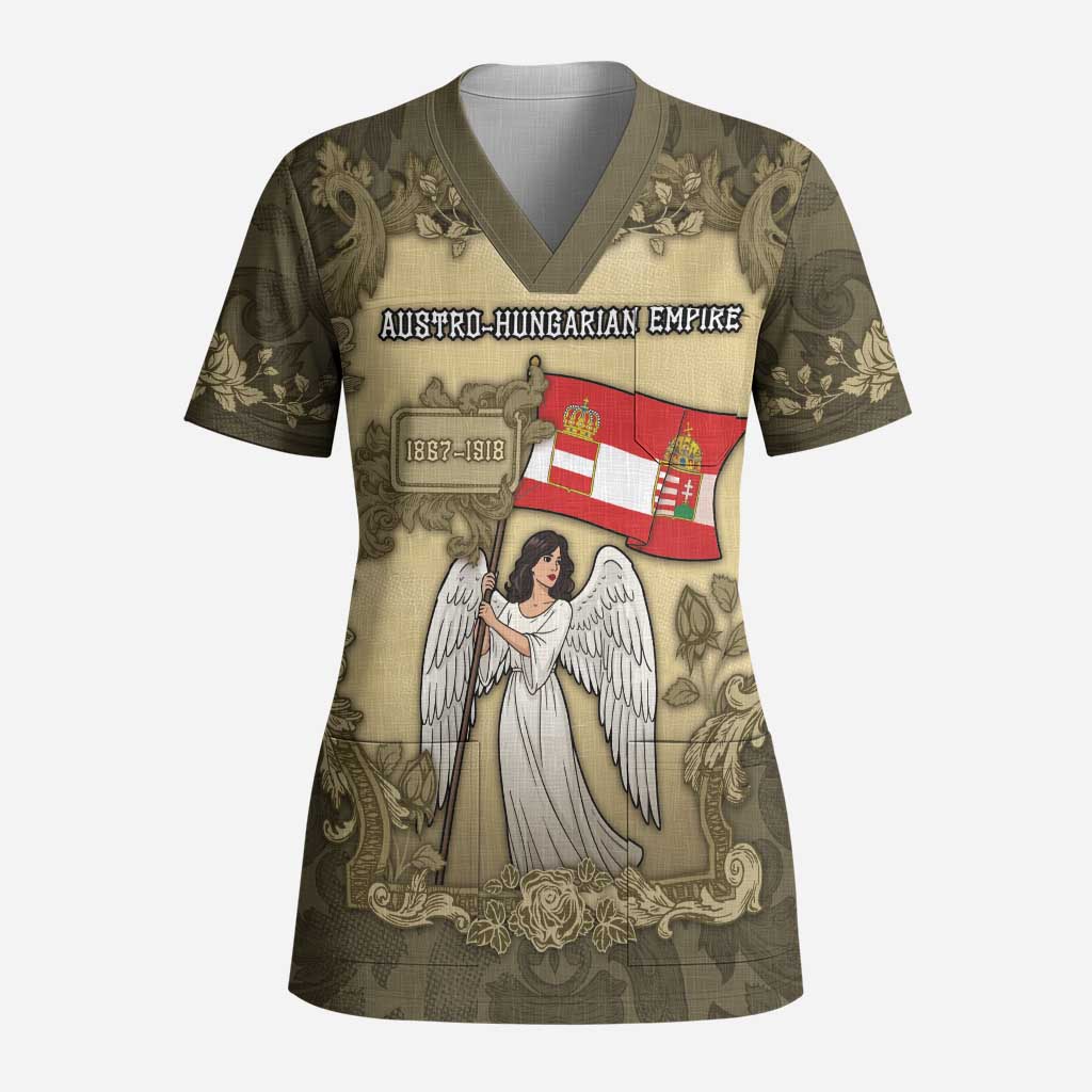 Personalized Austria-Hungary Scrub Top Angel Holding A Flag Vintage Style - Wonder Print Shop