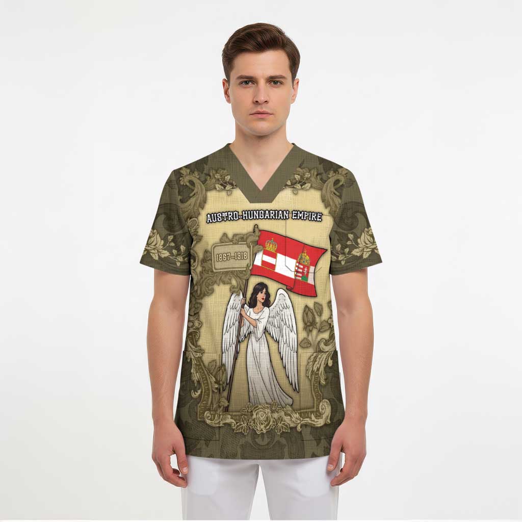 Personalized Austria-Hungary Scrub Top Angel Holding A Flag Vintage Style - Wonder Print Shop