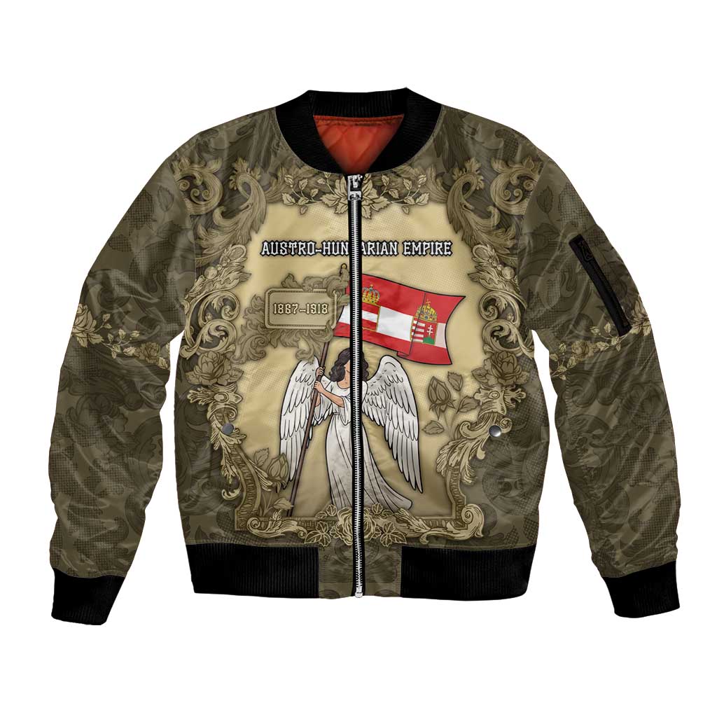 Personalized Austria-Hungary Sleeve Zip Bomber Jacket Angel Holding A Flag Vintage Style - Wonder Print Shop
