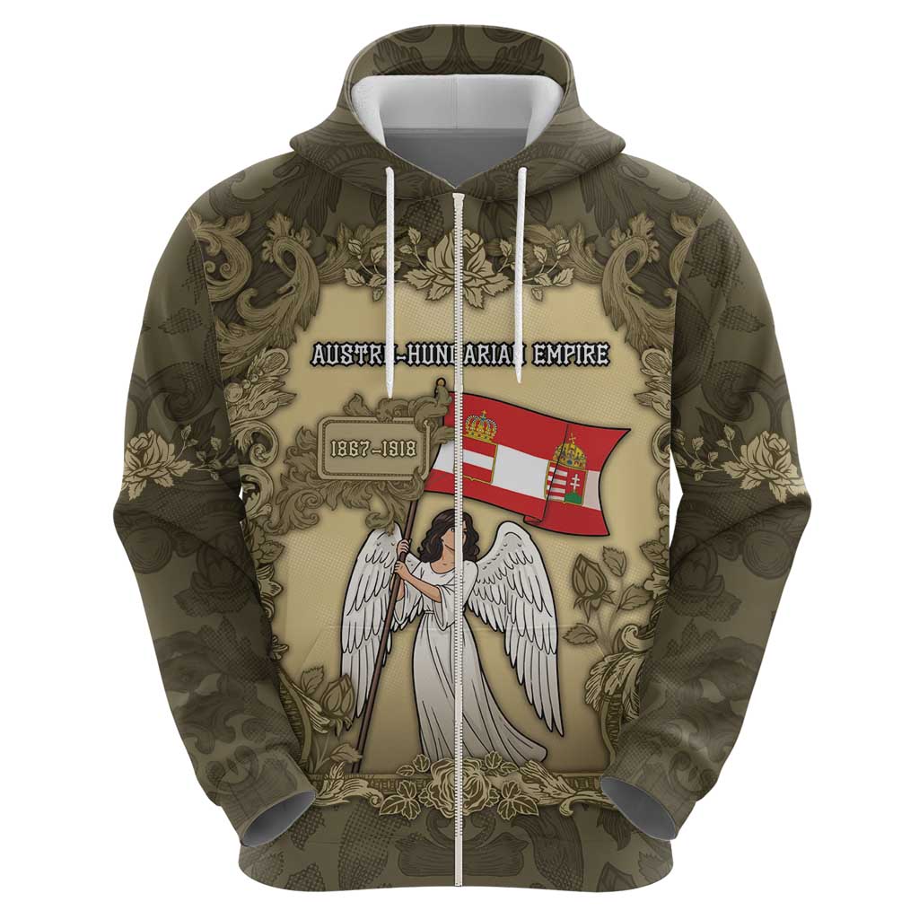 Personalized Austria-Hungary Zip Hoodie Angel Holding A Flag Vintage Style - Wonder Print Shop