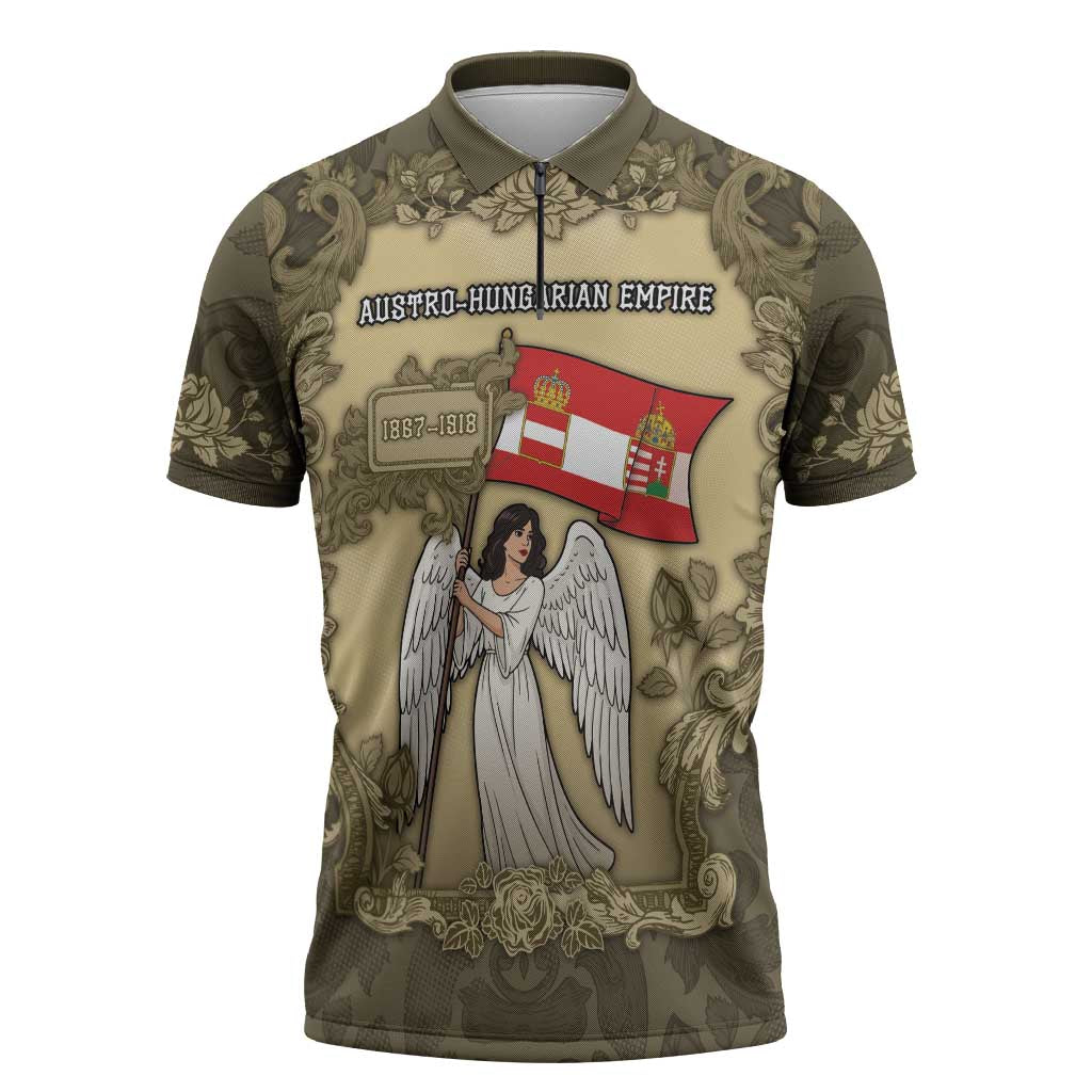 Personalized Austria-Hungary Zipper Polo Shirt Angel Holding A Flag Vintage Style - Wonder Print Shop