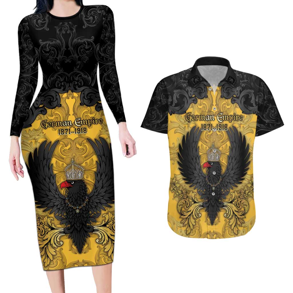 Personalized German Empire Couples Matching Long Sleeve Bodycon Dress and Hawaiian Shirt Imperial Black Eagle With Baroque Patterns - Wonder Print Shop