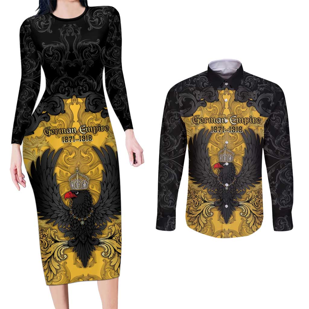 Personalized German Empire Couples Matching Long Sleeve Bodycon Dress and Long Sleeve Button Shirt Imperial Black Eagle With Baroque Patterns - Wonder Print Shop