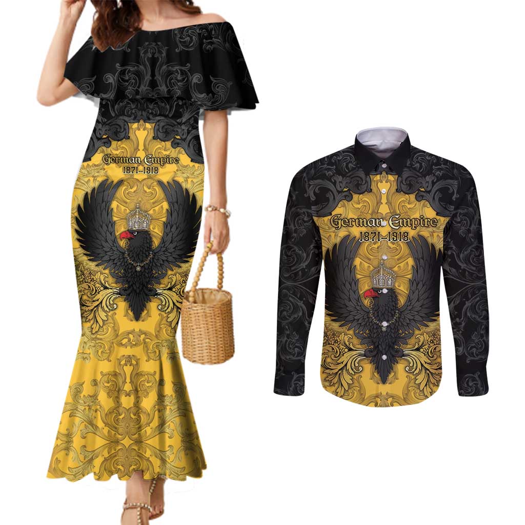 Personalized German Empire Couples Matching Mermaid Dress and Long Sleeve Button Shirt Imperial Black Eagle With Baroque Patterns - Wonder Print Shop