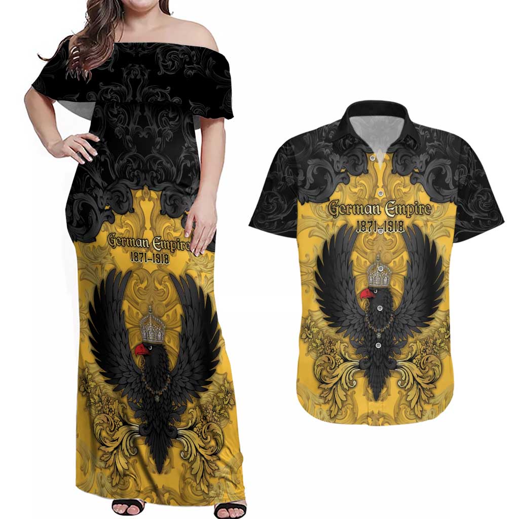 Personalized German Empire Couples Matching Off Shoulder Maxi Dress and Hawaiian Shirt Imperial Black Eagle With Baroque Patterns - Wonder Print Shop