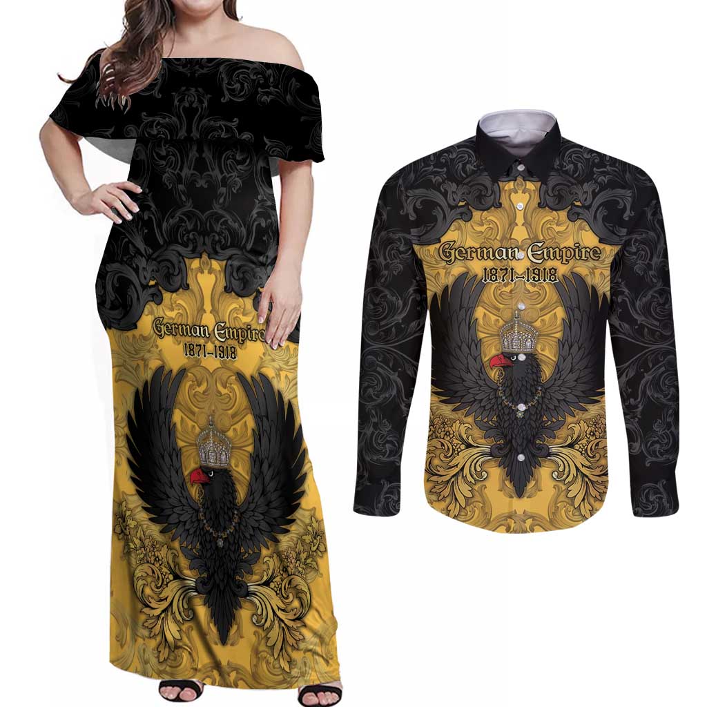 Personalized German Empire Couples Matching Off Shoulder Maxi Dress and Long Sleeve Button Shirt Imperial Black Eagle With Baroque Patterns - Wonder Print Shop