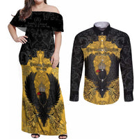 Personalized German Empire Couples Matching Off Shoulder Maxi Dress and Long Sleeve Button Shirt Imperial Black Eagle With Baroque Patterns - Wonder Print Shop