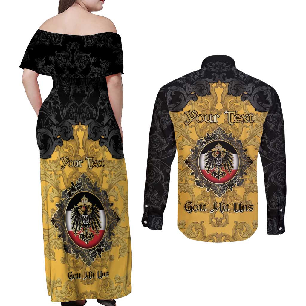 Personalized German Empire Couples Matching Off Shoulder Maxi Dress and Long Sleeve Button Shirt Imperial Black Eagle With Baroque Patterns - Wonder Print Shop