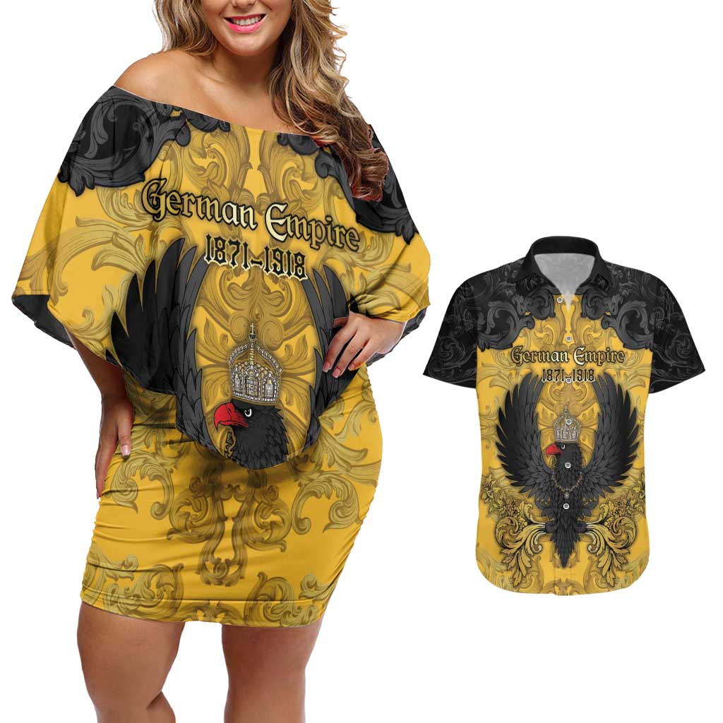 Personalized German Empire Couples Matching Off Shoulder Short Dress and Hawaiian Shirt Imperial Black Eagle With Baroque Patterns - Wonder Print Shop