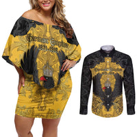 Personalized German Empire Couples Matching Off Shoulder Short Dress and Long Sleeve Button Shirt Imperial Black Eagle With Baroque Patterns - Wonder Print Shop