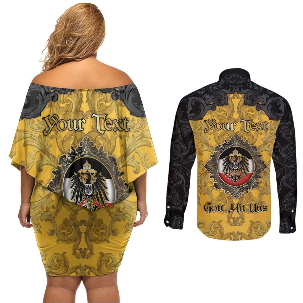 Personalized German Empire Couples Matching Off Shoulder Short Dress and Long Sleeve Button Shirt Imperial Black Eagle With Baroque Patterns - Wonder Print Shop