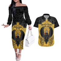 Personalized German Empire Couples Matching Off The Shoulder Long Sleeve Dress and Hawaiian Shirt Imperial Black Eagle With Baroque Patterns - Wonder Print Shop