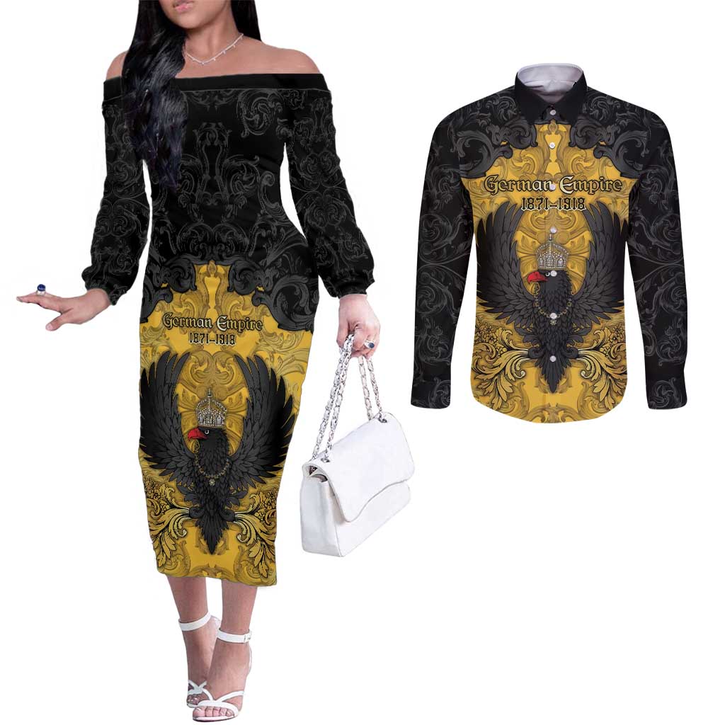 Personalized German Empire Couples Matching Off The Shoulder Long Sleeve Dress and Long Sleeve Button Shirt Imperial Black Eagle With Baroque Patterns - Wonder Print Shop