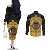 Personalized German Empire Couples Matching Off The Shoulder Long Sleeve Dress and Long Sleeve Button Shirt Imperial Black Eagle With Baroque Patterns - Wonder Print Shop