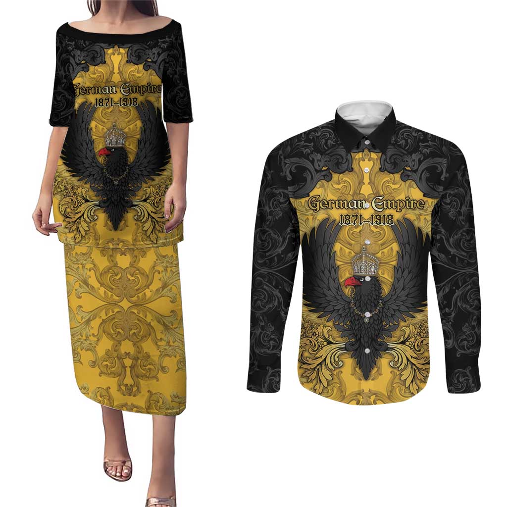 Personalized German Empire Couples Matching Puletasi and Long Sleeve Button Shirt Imperial Black Eagle With Baroque Patterns - Wonder Print Shop