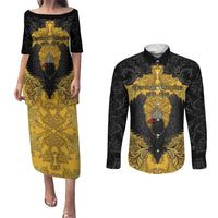 Personalized German Empire Couples Matching Puletasi and Long Sleeve Button Shirt Imperial Black Eagle With Baroque Patterns - Wonder Print Shop