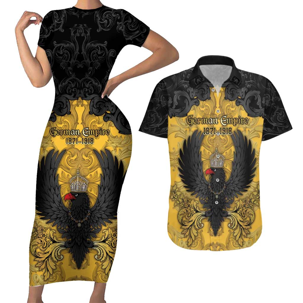 Personalized German Empire Couples Matching Short Sleeve Bodycon Dress and Hawaiian Shirt Imperial Black Eagle With Baroque Patterns - Wonder Print Shop