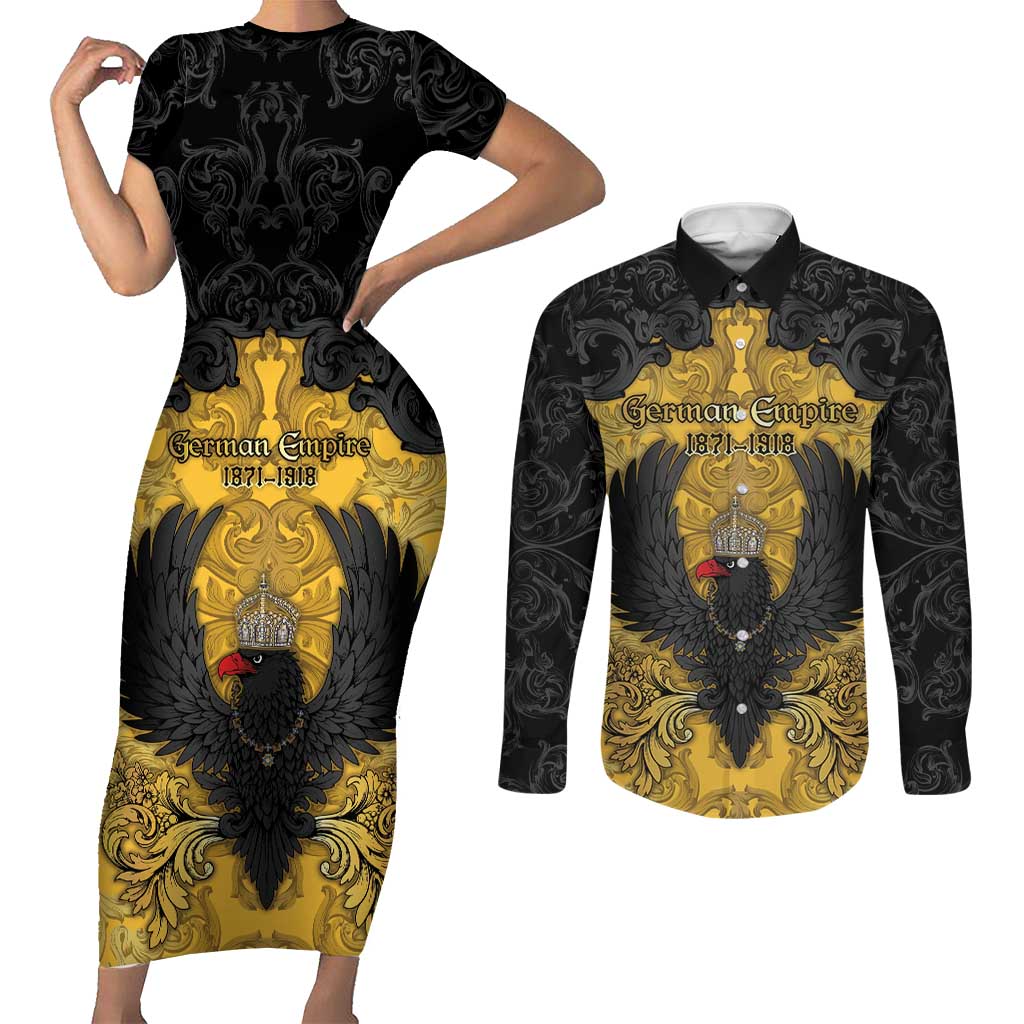 Personalized German Empire Couples Matching Short Sleeve Bodycon Dress and Long Sleeve Button Shirt Imperial Black Eagle With Baroque Patterns - Wonder Print Shop