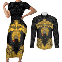 Personalized German Empire Couples Matching Short Sleeve Bodycon Dress and Long Sleeve Button Shirt Imperial Black Eagle With Baroque Patterns - Wonder Print Shop