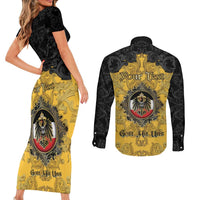 Personalized German Empire Couples Matching Short Sleeve Bodycon Dress and Long Sleeve Button Shirt Imperial Black Eagle With Baroque Patterns - Wonder Print Shop