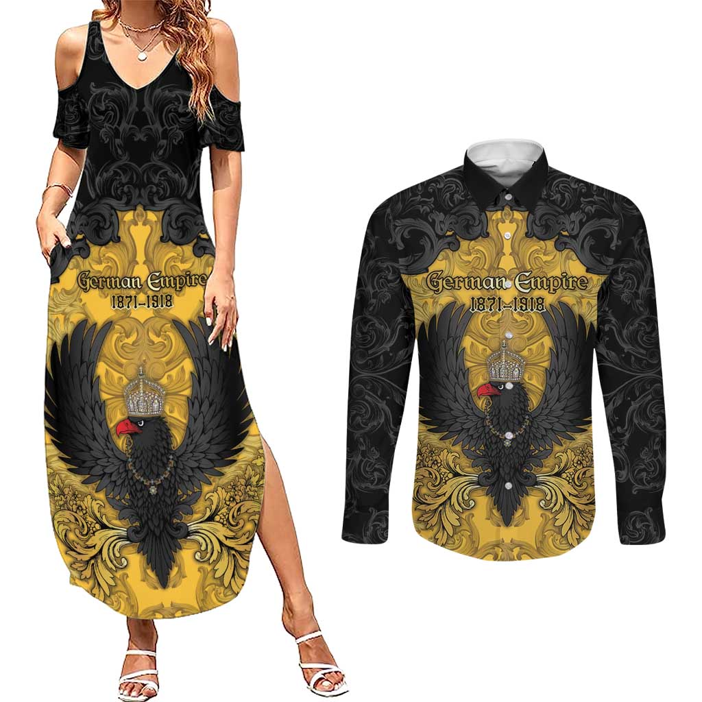 Personalized German Empire Couples Matching Summer Maxi Dress and Long Sleeve Button Shirt Imperial Black Eagle With Baroque Patterns - Wonder Print Shop