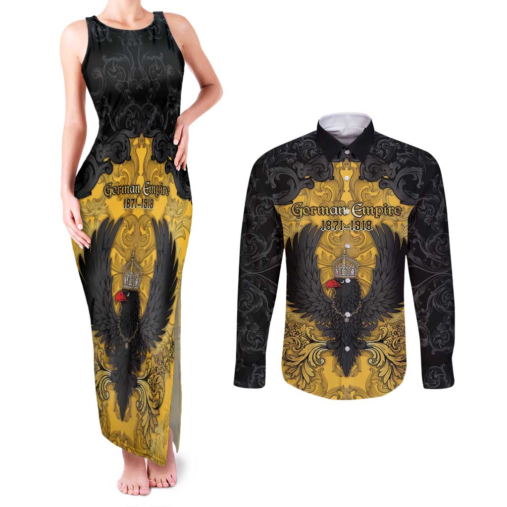 Personalized German Empire Couples Matching Tank Maxi Dress and Long Sleeve Button Shirt Imperial Black Eagle With Baroque Patterns - Wonder Print Shop