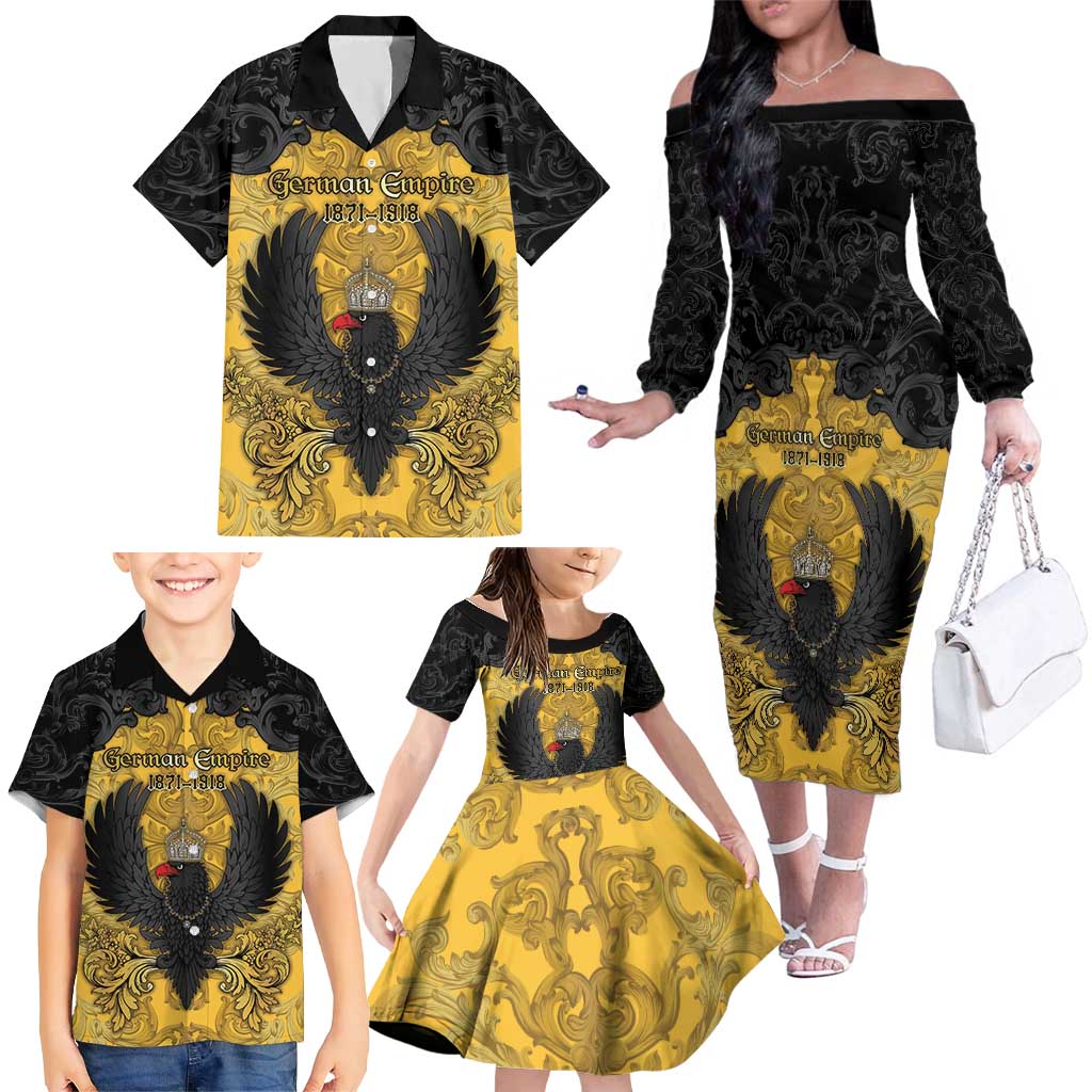 Personalized German Empire Family Matching Off The Shoulder Long Sleeve Dress and Hawaiian Shirt Imperial Black Eagle With Baroque Patterns - Wonder Print Shop