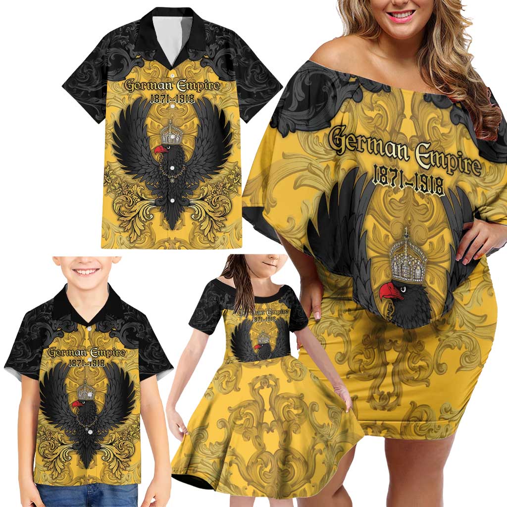 Personalized German Empire Family Matching Off Shoulder Short Dress and Hawaiian Shirt Imperial Black Eagle With Baroque Patterns - Wonder Print Shop
