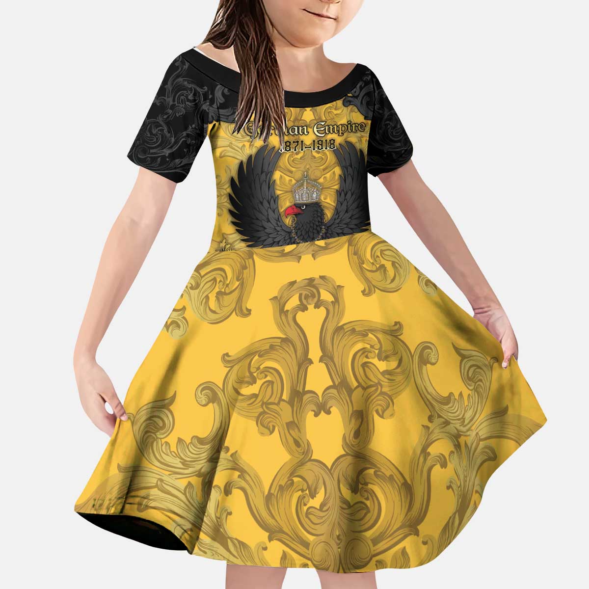 Personalized German Empire Kid Short Sleeve Dress Imperial Black Eagle With Baroque Patterns - Wonder Print Shop