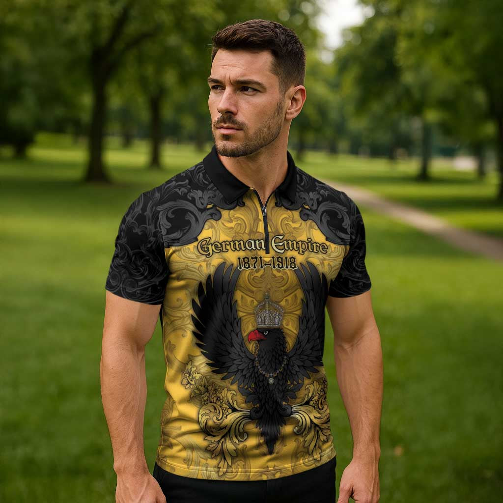Personalized German Empire Zipper Polo Shirt Imperial Black Eagle With Baroque Patterns - Wonder Print Shop