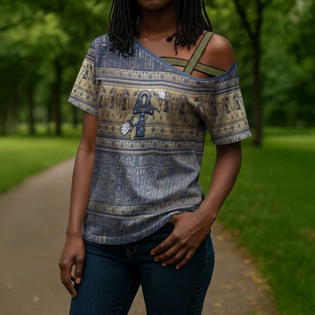 Ankh Egypt Cross Shoulder Shirt Egyptian Lotus Flowers