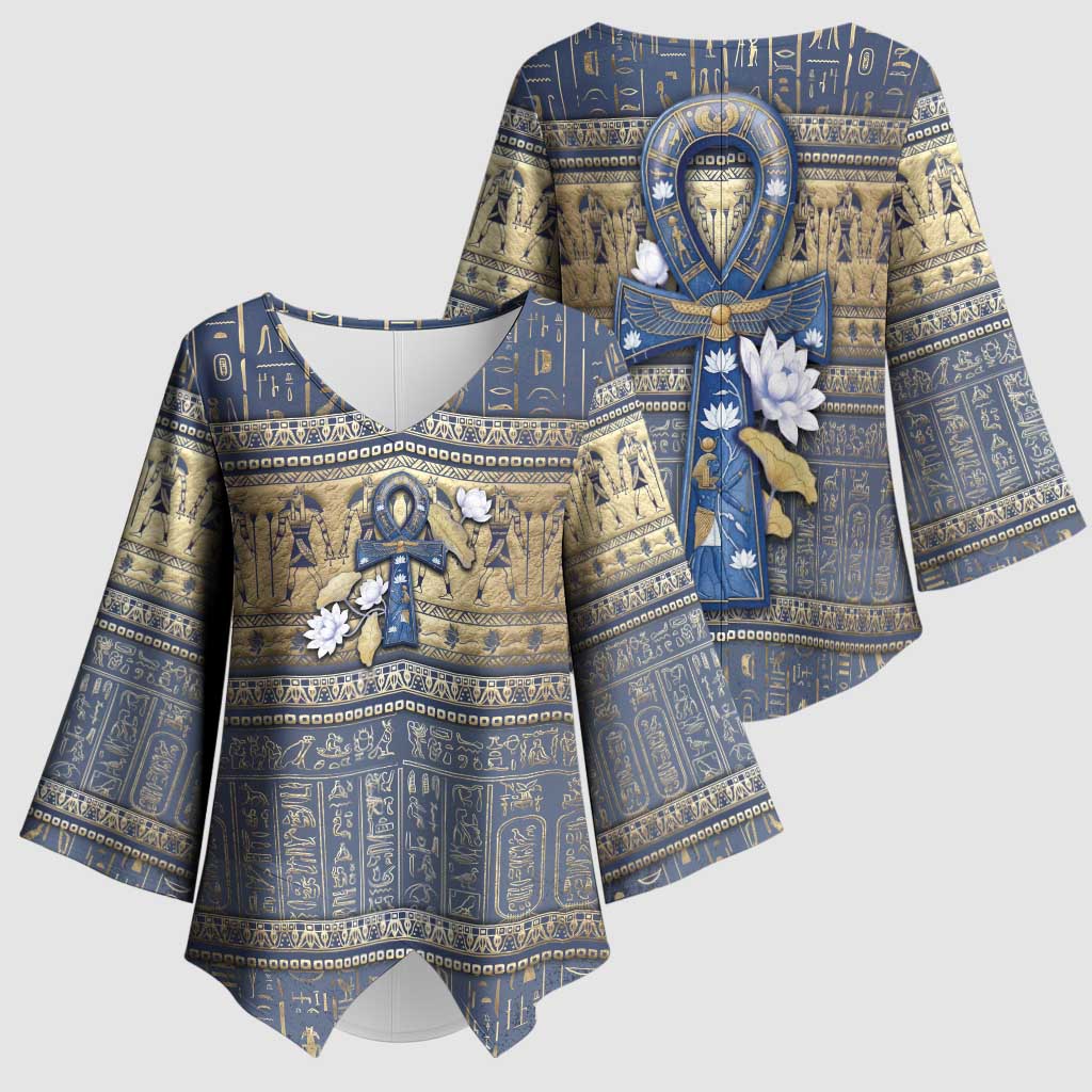 Ankh Egypt Kimono Sleeve Blouse Egyptian Lotus Flowers