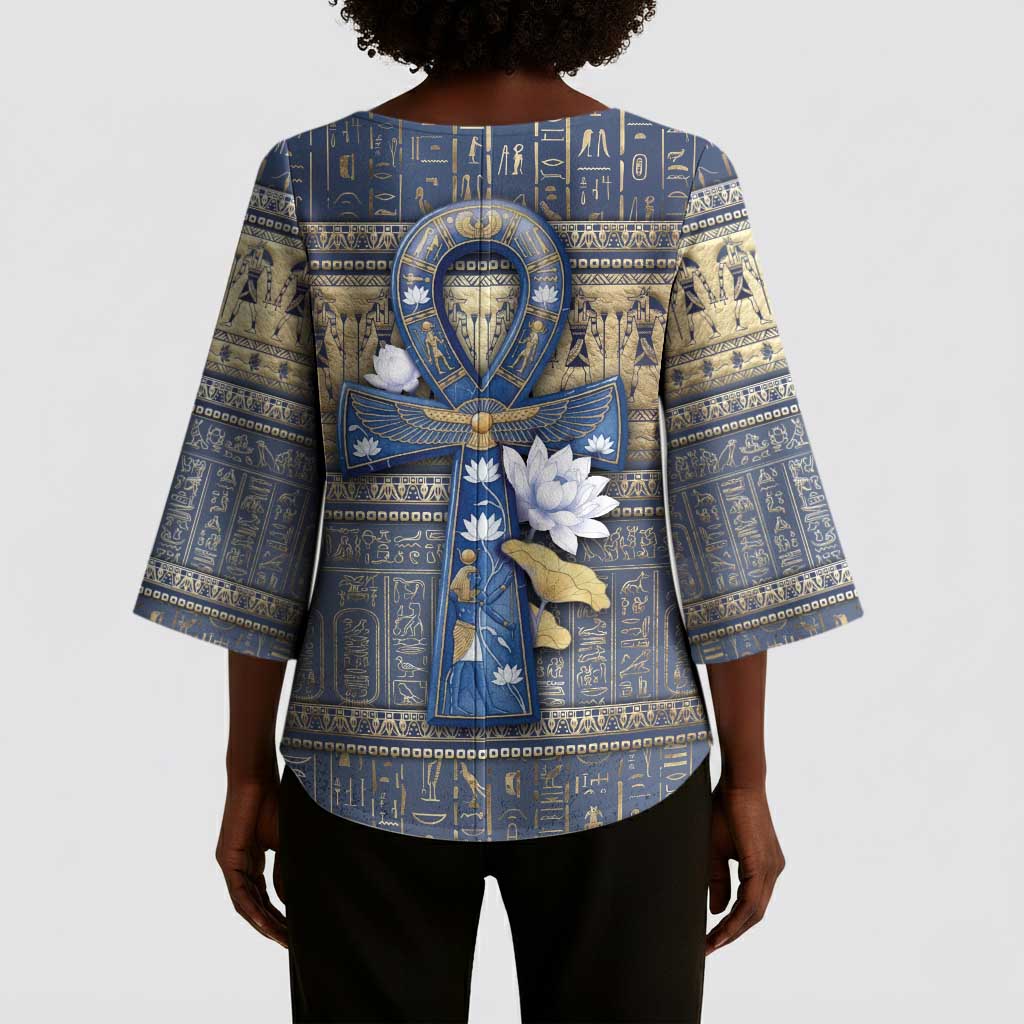 Ankh Egypt Kimono Sleeve Blouse Egyptian Lotus Flowers