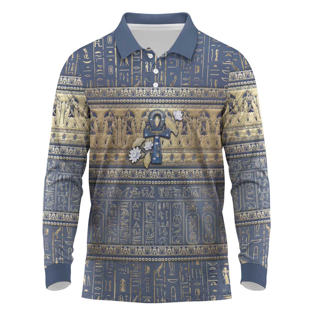 Ankh Egypt Long Sleeve Polo Shirt Egyptian Lotus Flowers