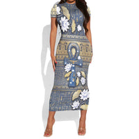 Ankh Egypt Short Sleeve Bodycon Dress Egyptian Lotus Flowers