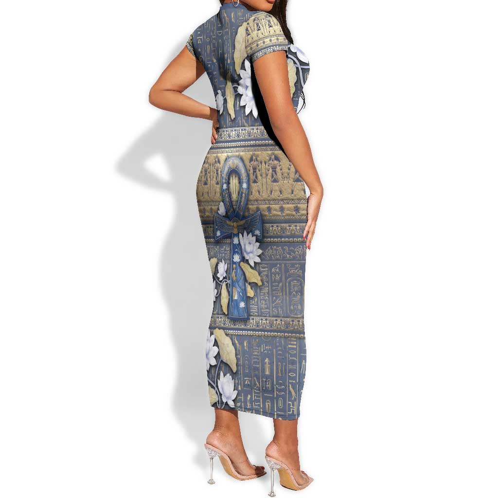 Ankh Egypt Short Sleeve Bodycon Dress Egyptian Lotus Flowers