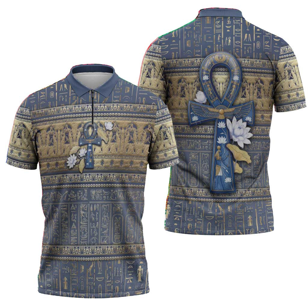 Ankh Egypt Zipper Polo Shirt Egyptian Lotus Flowers