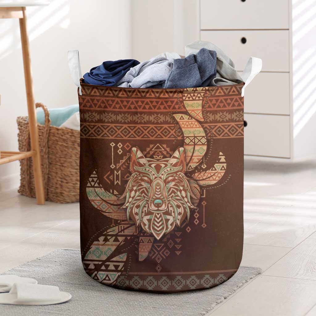 Wolf Native American Laundry Basket Tribal Geometric Earth Tone
