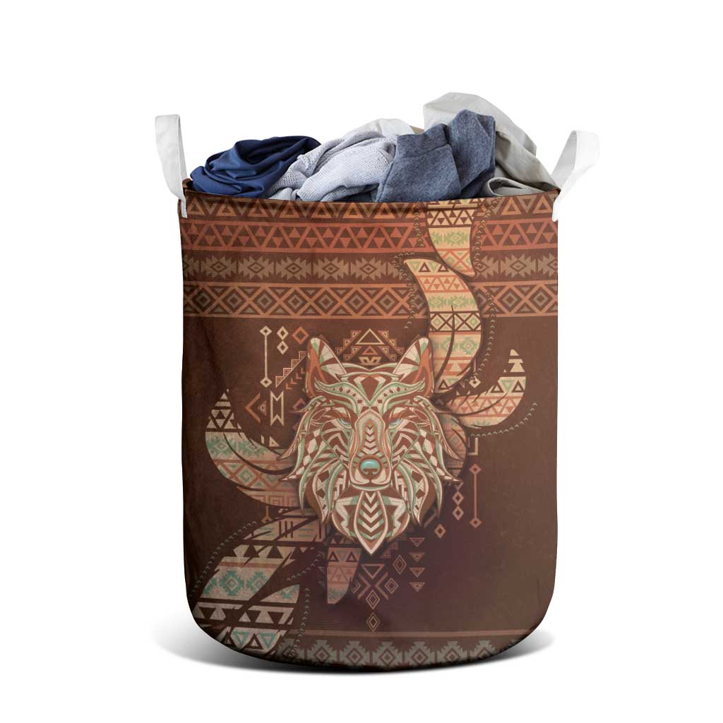 Wolf Native American Laundry Basket Tribal Geometric Earth Tone