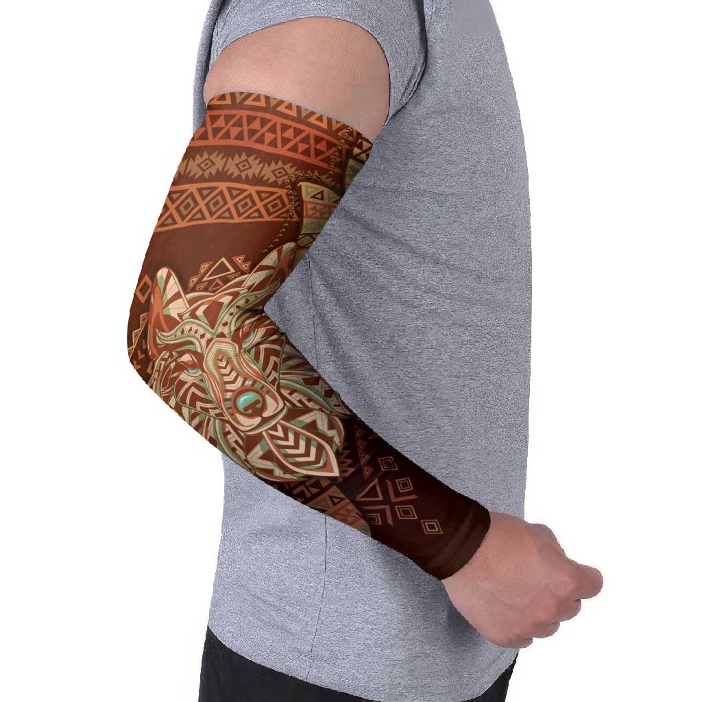 Personalized Wolf Native American Arm Sleeves Tribal Geometric Earth Tone