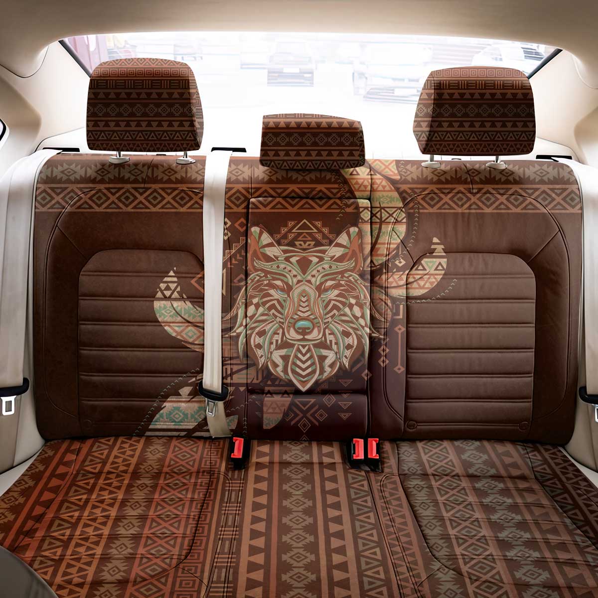 Wolf Native American Back Car Seat Cover Tribal Geometric Earth Tone