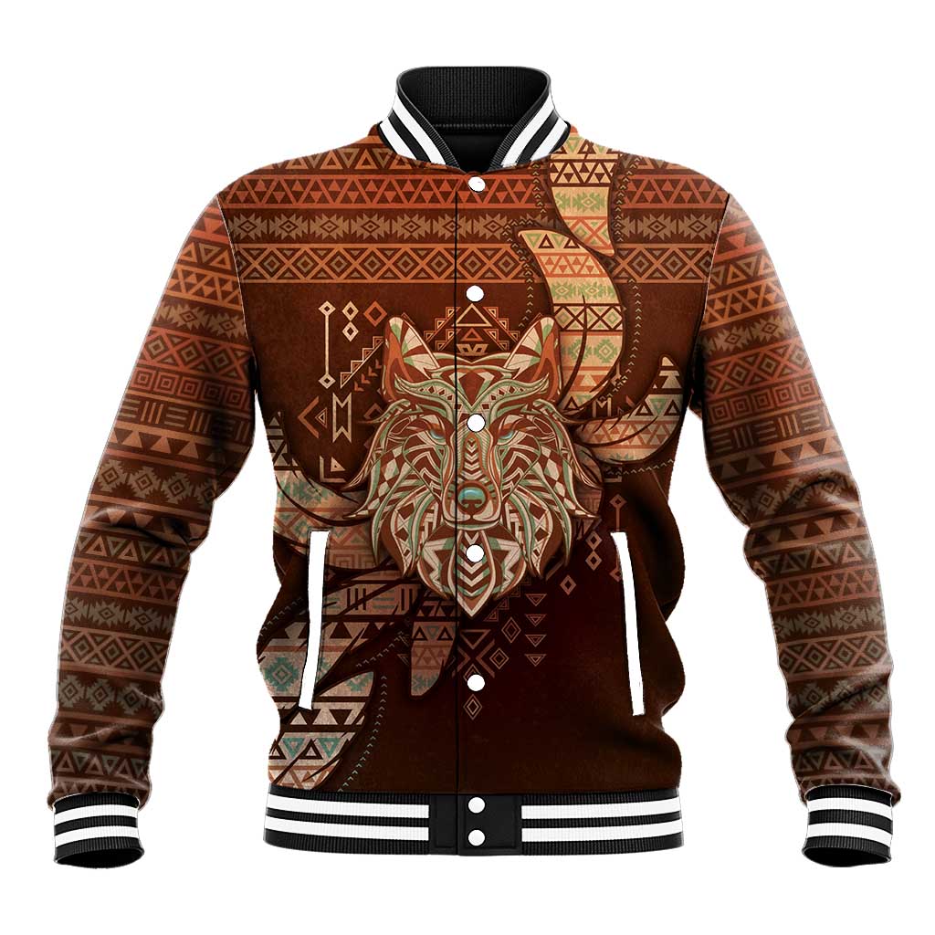 Personalized Wolf Native American Baseball Jacket Tribal Geometric Earth Tone