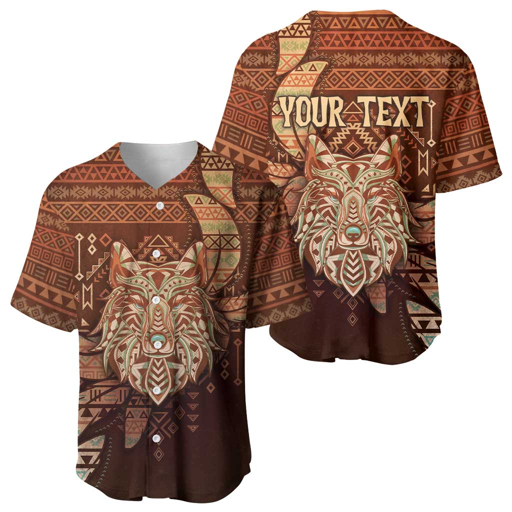 Personalized Wolf Native American Baseball Jersey Tribal Geometric Earth Tone
