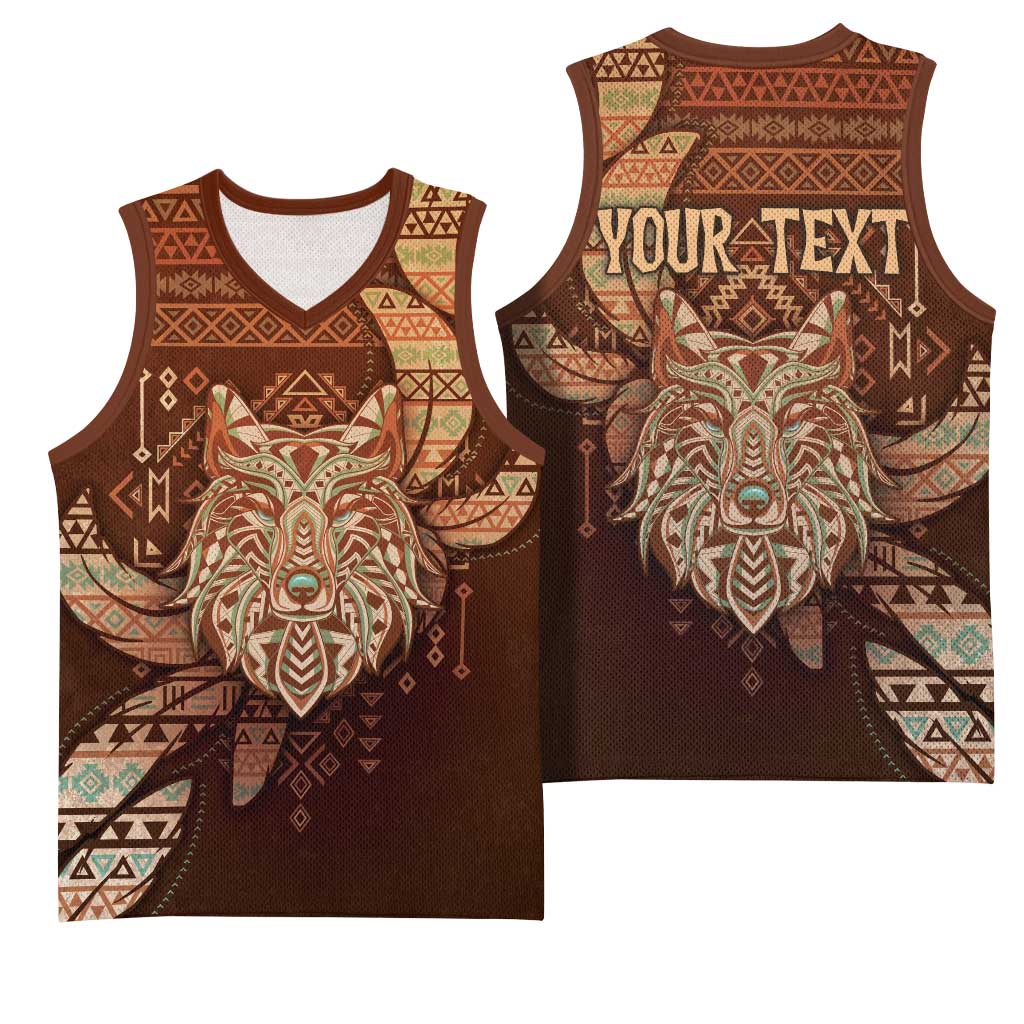 Personalized Wolf Native American Basketball Jersey Tribal Geometric Earth Tone