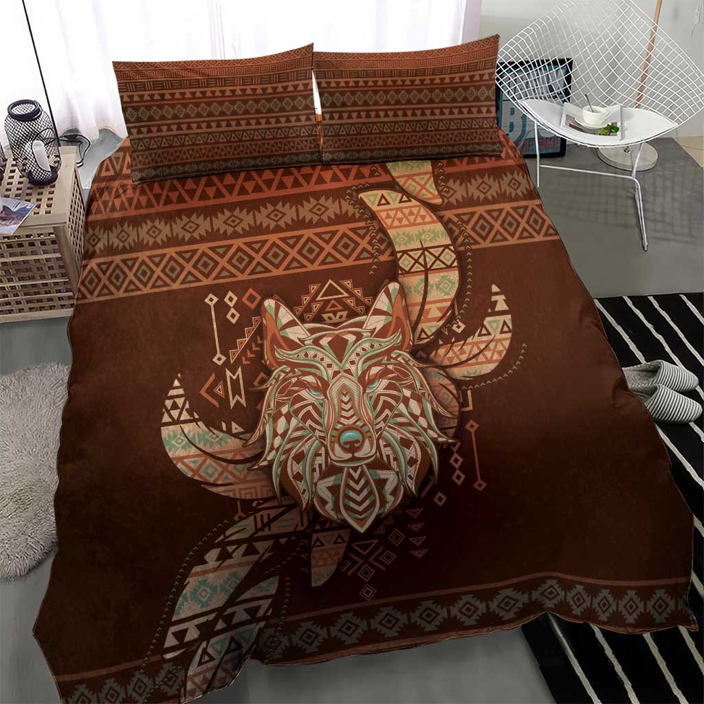 Wolf Native American Bedding Set Tribal Geometric Earth Tone