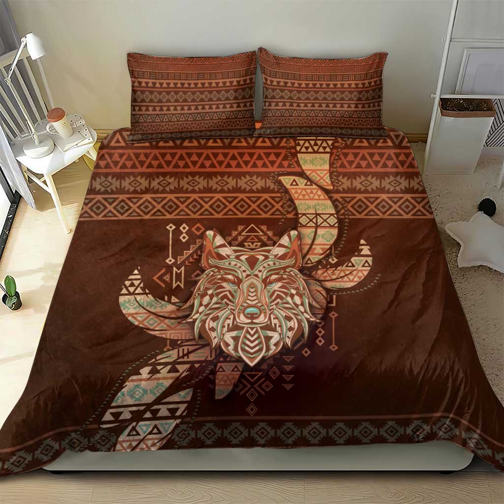Wolf Native American Bedding Set Tribal Geometric Earth Tone