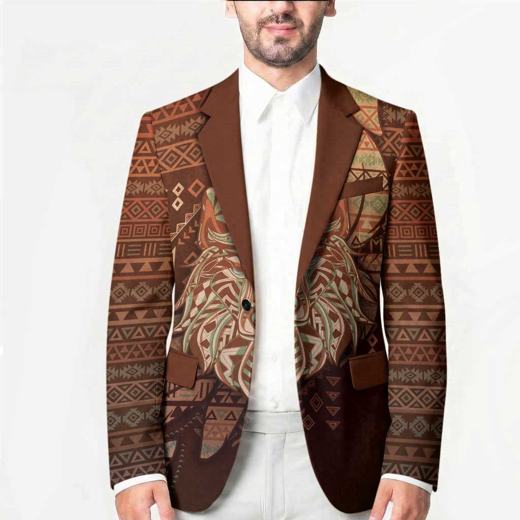 Personalized Wolf Native American Blazer Tribal Geometric Earth Tone