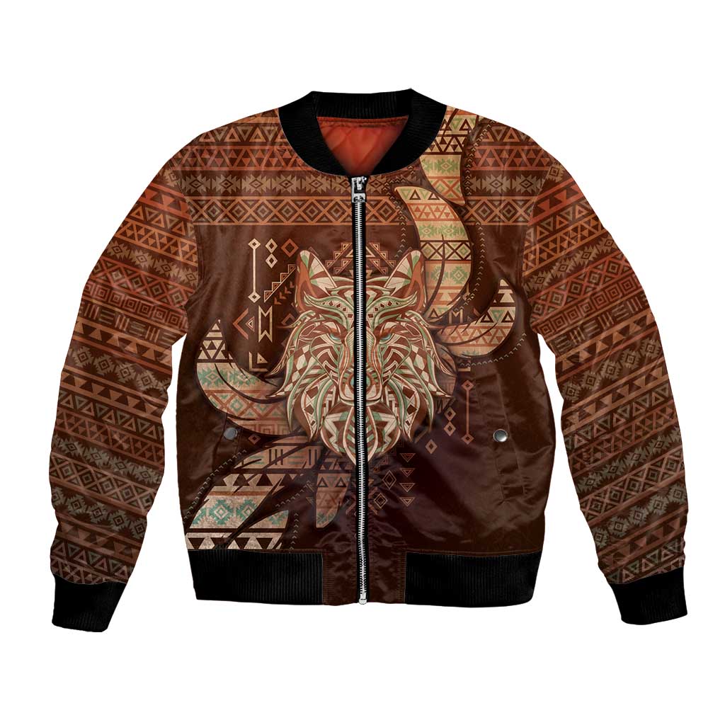 Personalized Wolf Native American Bomber Jacket Tribal Geometric Earth Tone